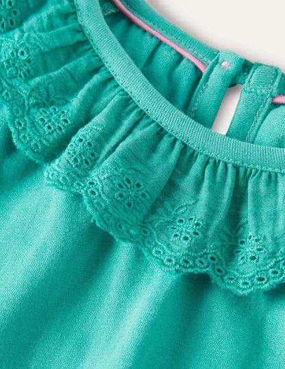 Broderie Detail Jersey Dress-Dark Turquoise Green-3