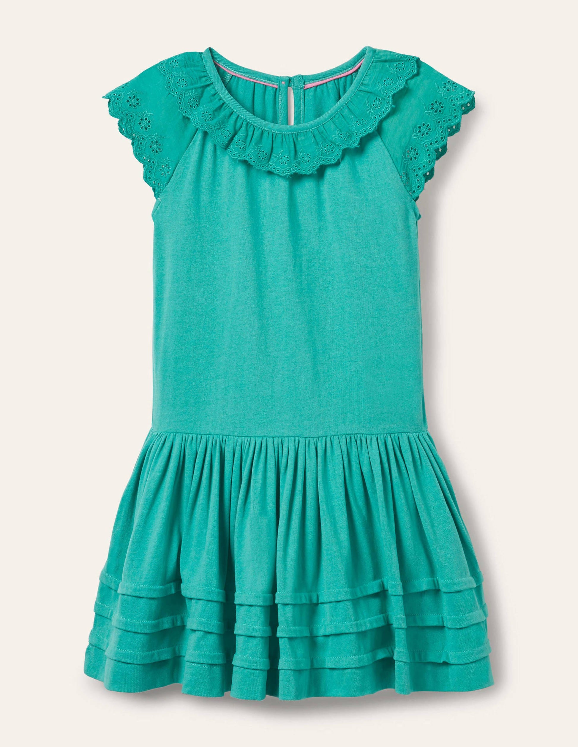 Broderie Detail Jersey Dress-Dark Turquoise Green-1