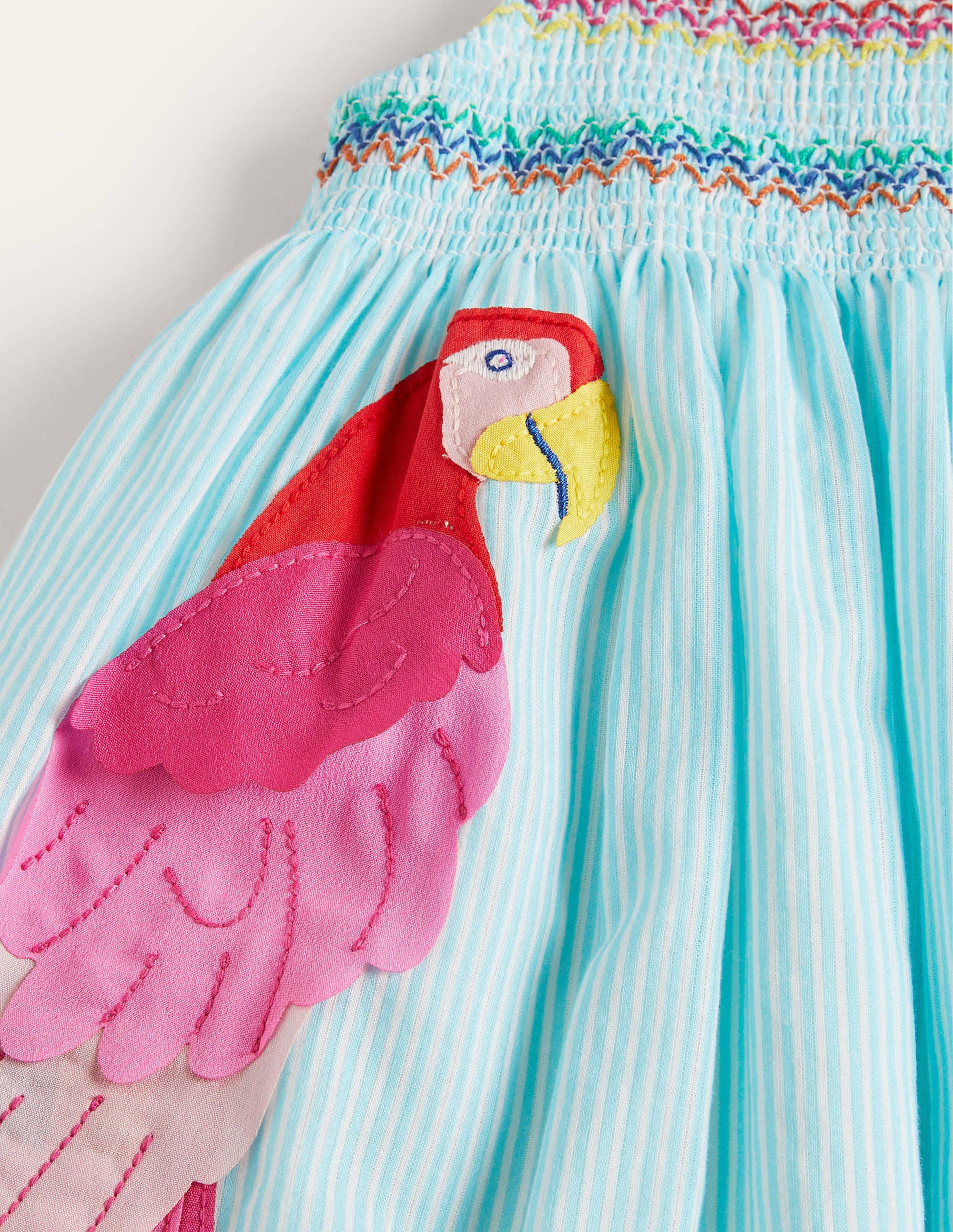 Fun Appliqué Sun Dress-Aqua Blue Ticking Parrot - Image 3