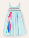 Fun Appliqué Sun Dress-Aqua Blue Ticking Parrot
