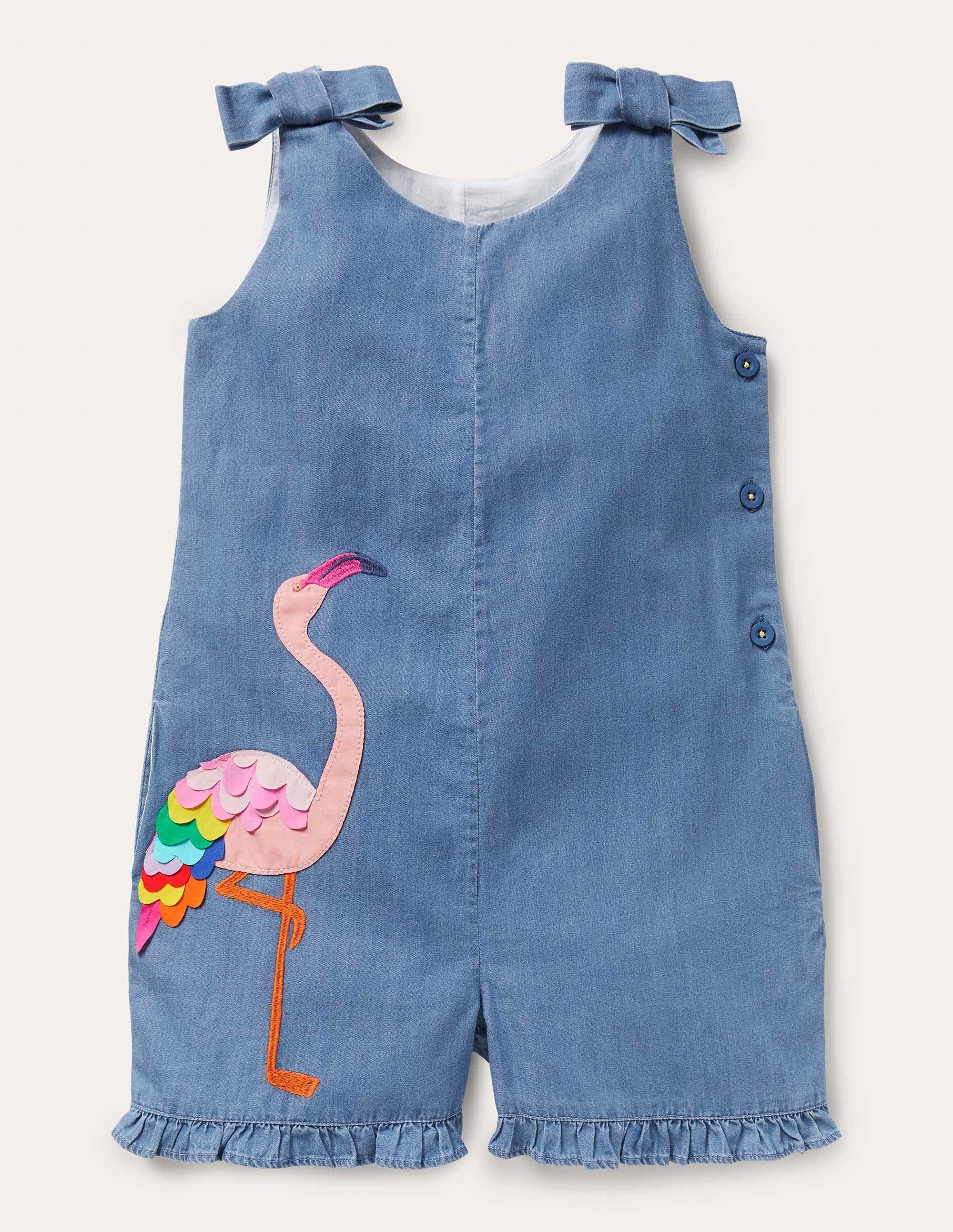 Tie Shoulder Frill Playsuit-Chambray Flamingo - Image 1