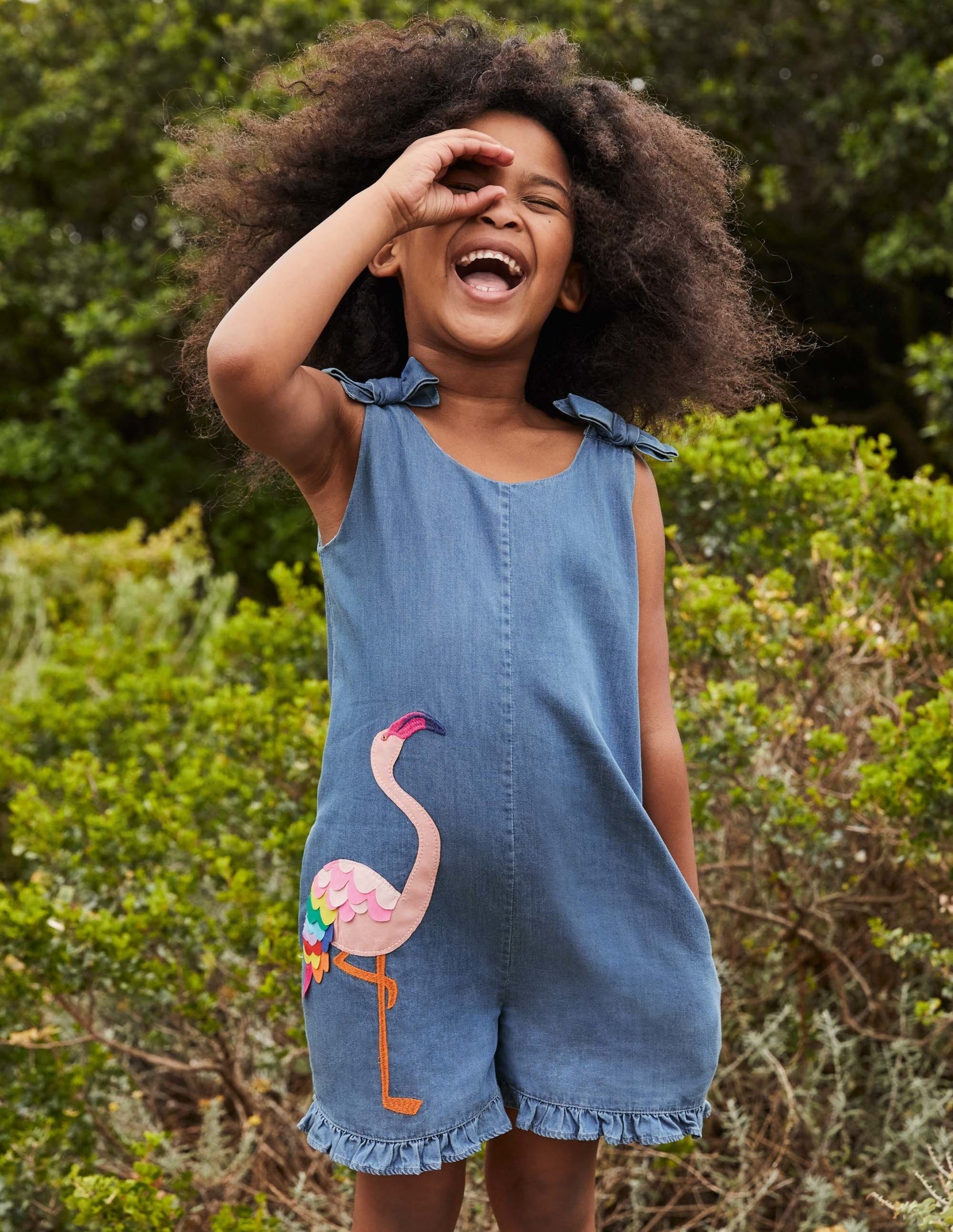 Tie Shoulder Frill Playsuit-Chambray Flamingo-4