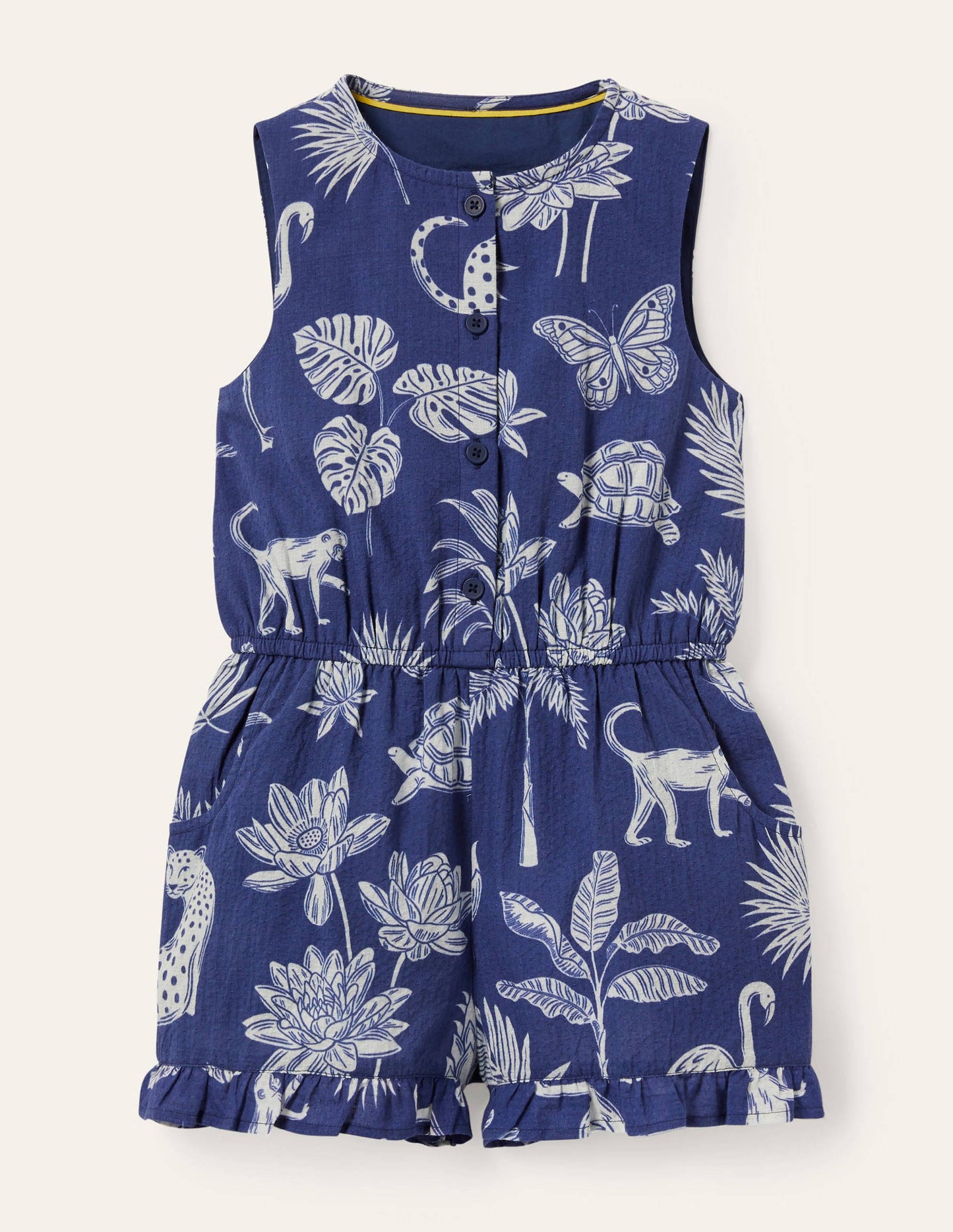 Button-through Woven Playsuit-Starboard Blue Botanical
