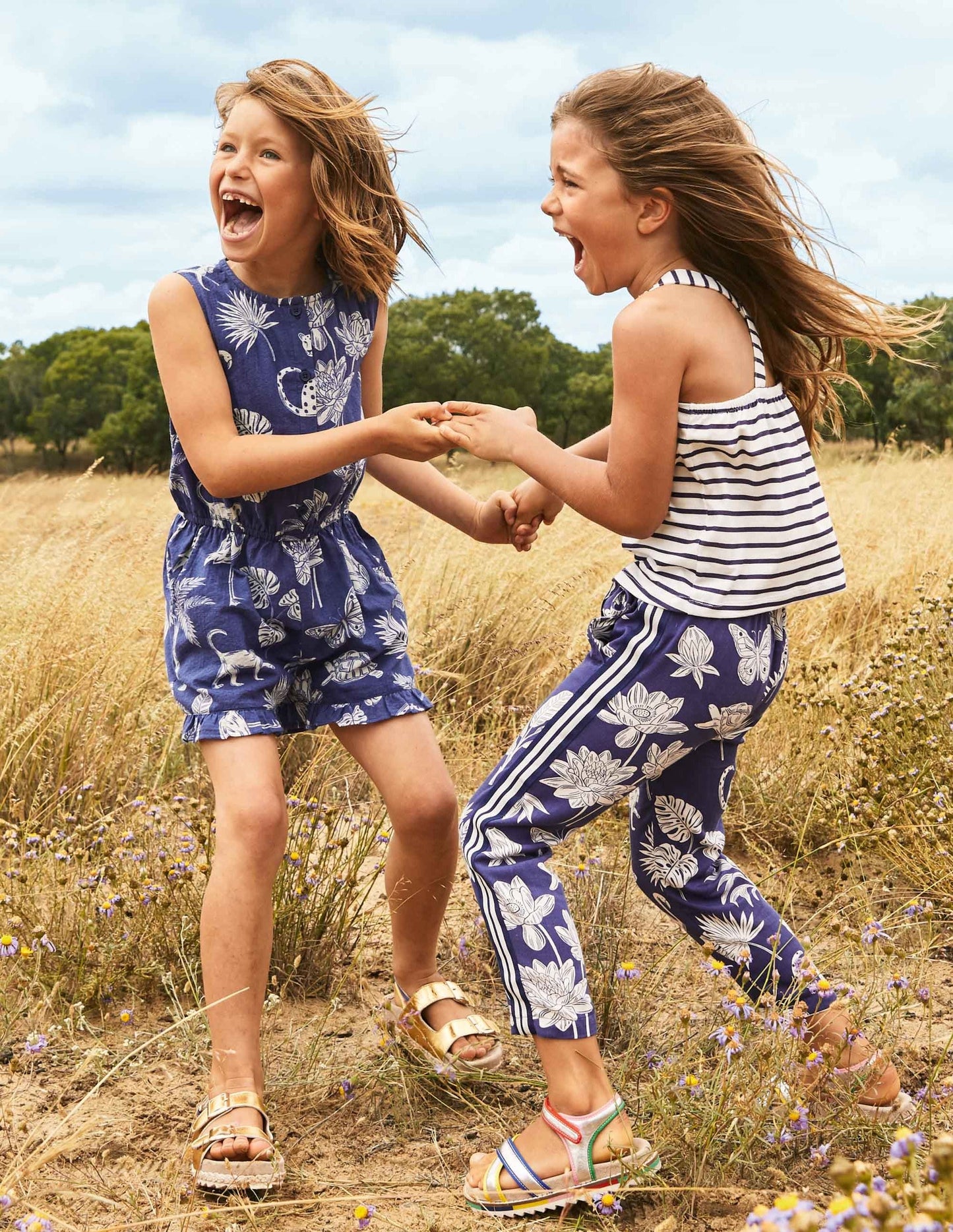 Button-through Woven Playsuit-Starboard Blue Botanical