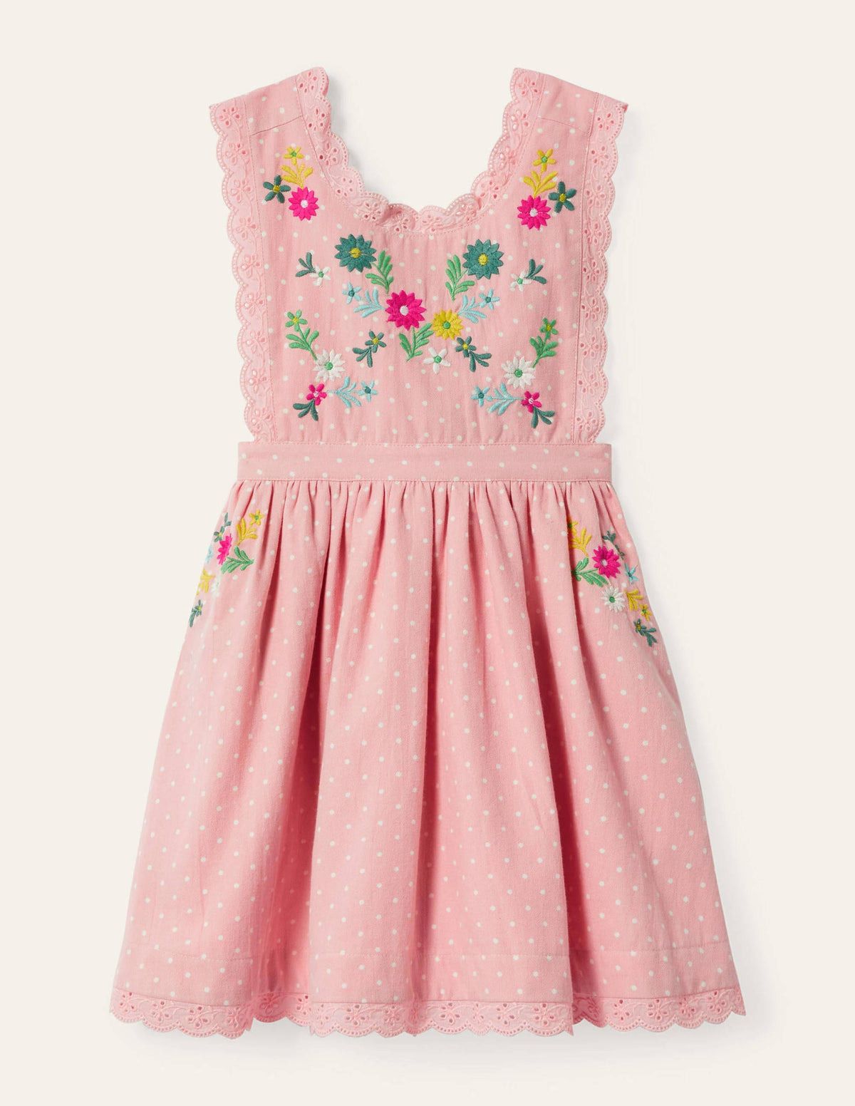 Embroidered Pinafore Dress-Boto Pink Pin Spot-1