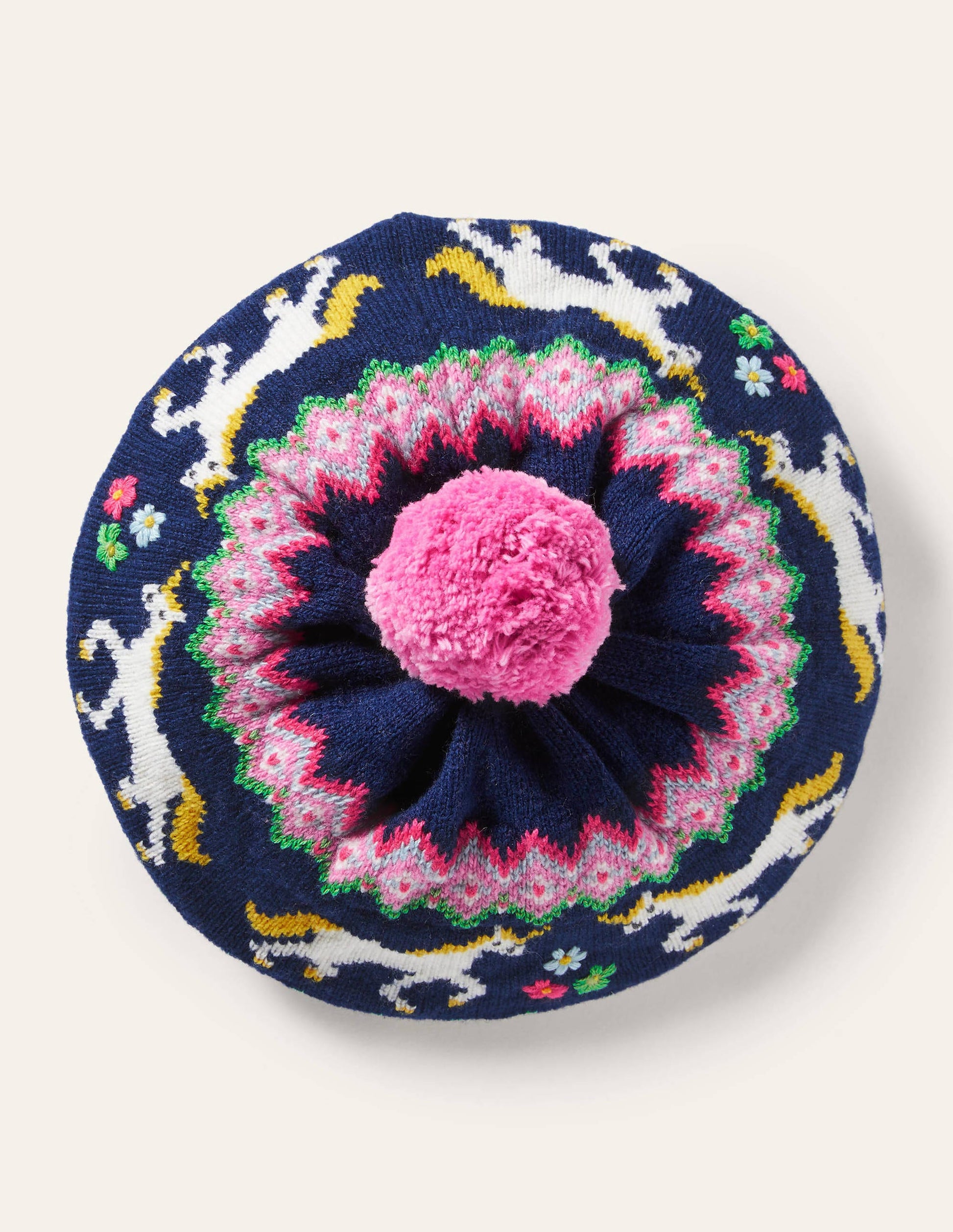 Knitted Fair Isle Beret-College Navy Unicorns-1