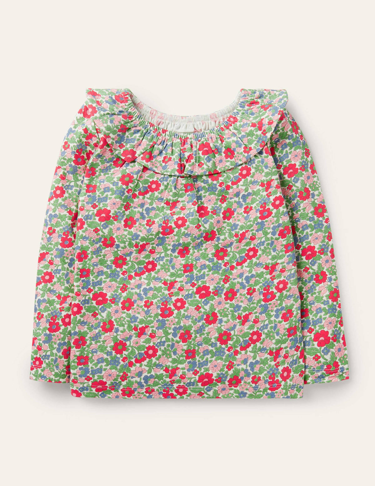 Ruffle Neck Jersey Top-Multi Vintage Bloom Floral-1