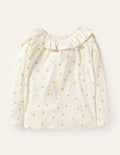 Ruffle Neck Jersey Top-Ivory Gold Stars