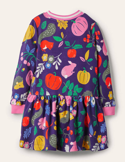 Cosy Printed Sweatshirt Dress-Starboard Blue Forest Friends-2