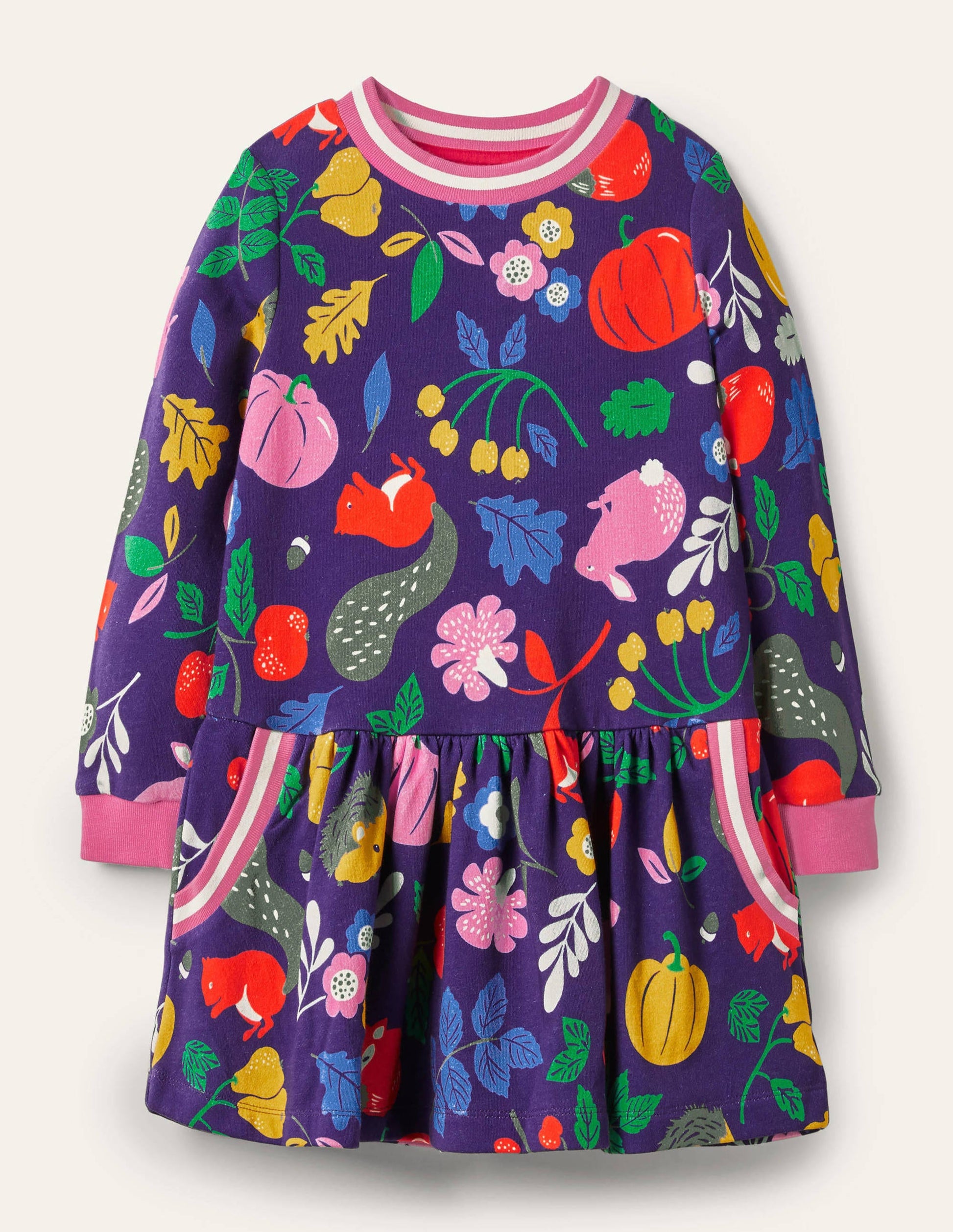 Cosy Printed Sweatshirt Dress-Starboard Blue Forest Friends-1
