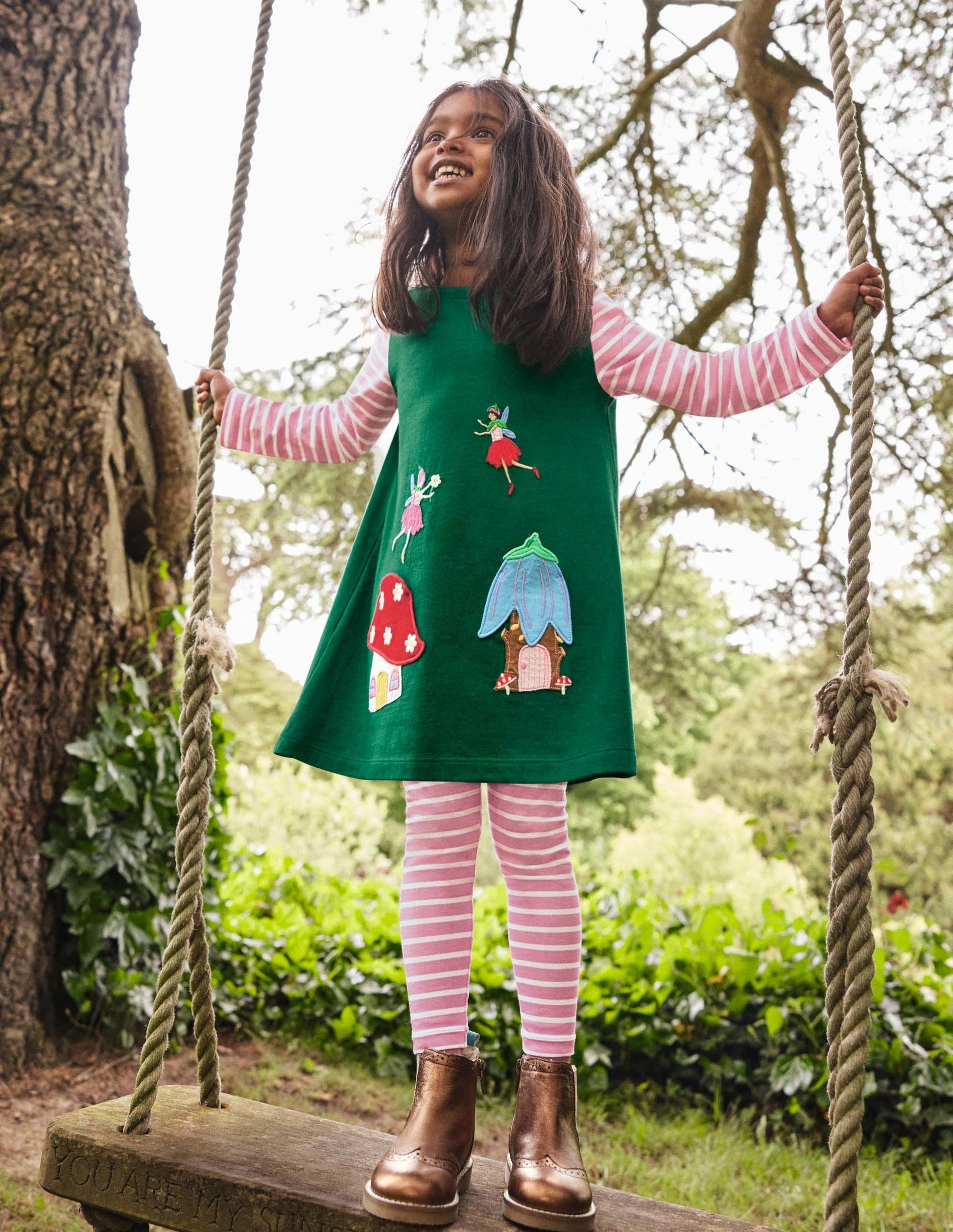 Appliqué Pocket Tunic-Forest Green Fairies-1