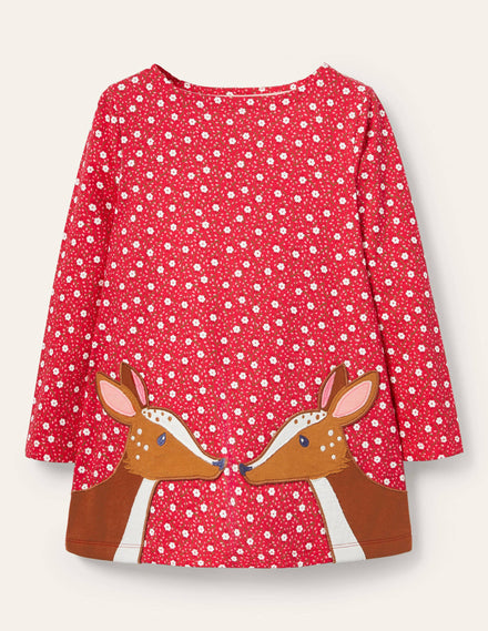 Appliqué Pocket Tunic-Floral Ditsy Rose Deer