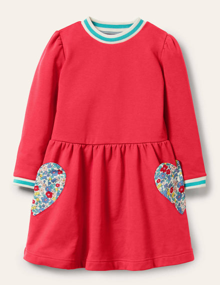 Appliqué Pocket Dress-Raspberry Pink Hearts