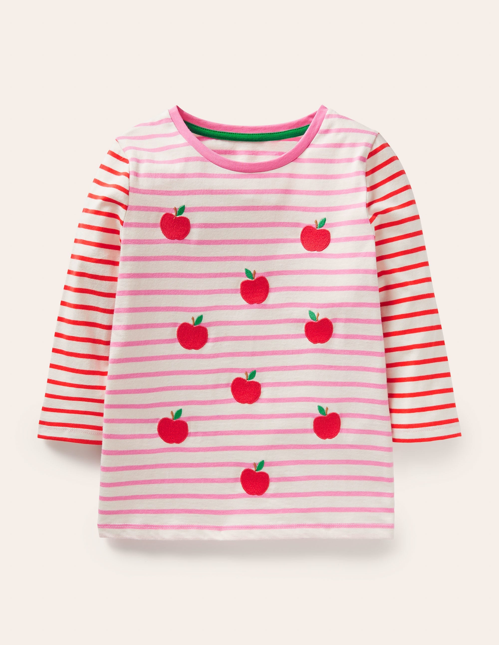 Embroidered Stripy T-shirt-Bright Petal Pink/Ivory Apples - Image 1