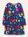 Long Sleeve Fun Jersey Dress-Starboard Blue Rainbow Magic