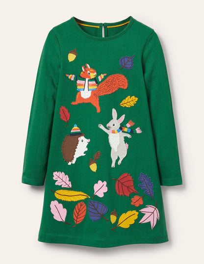 Big Appliqué Jersey Dress-Forest Green Animals-1