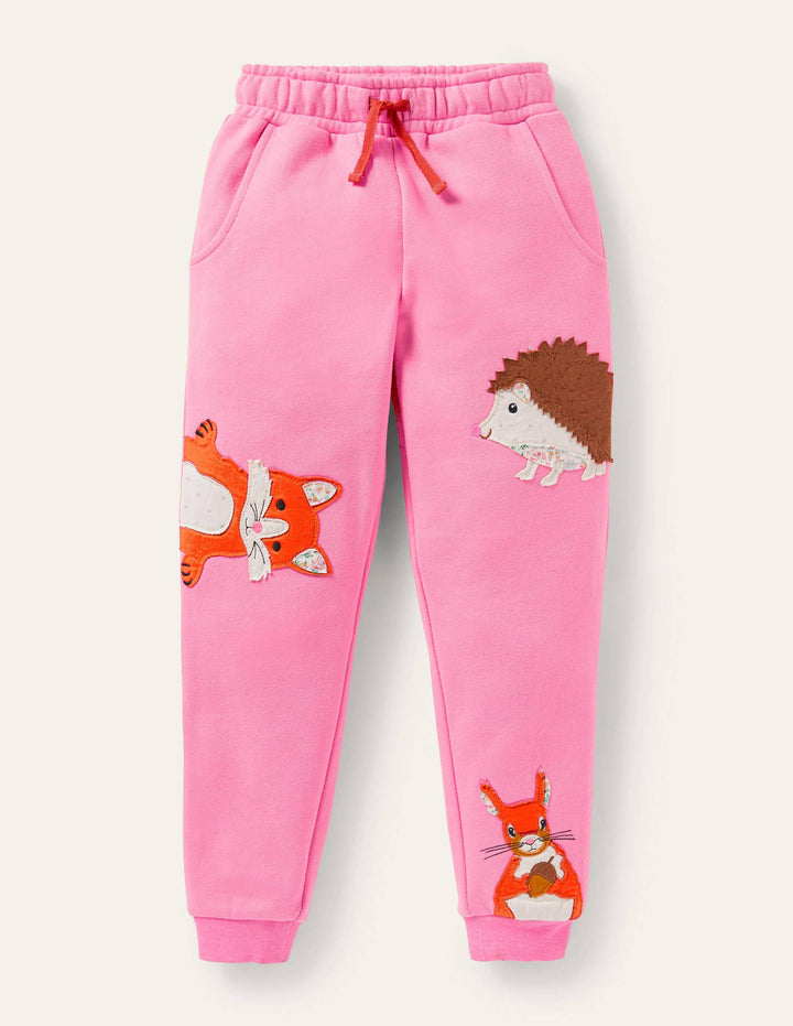 Cosy Appliqué Joggers-Bright Petal Pink Animals