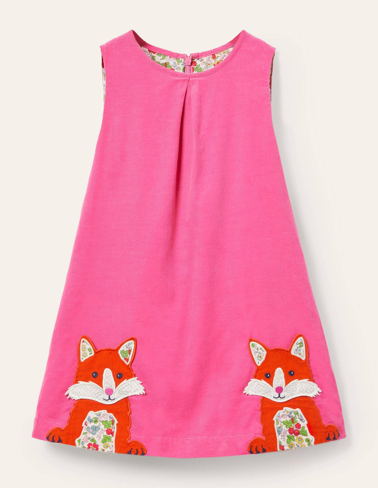 Cord Appliqué Pinafore Dress-Bright Petal Pink Foxes