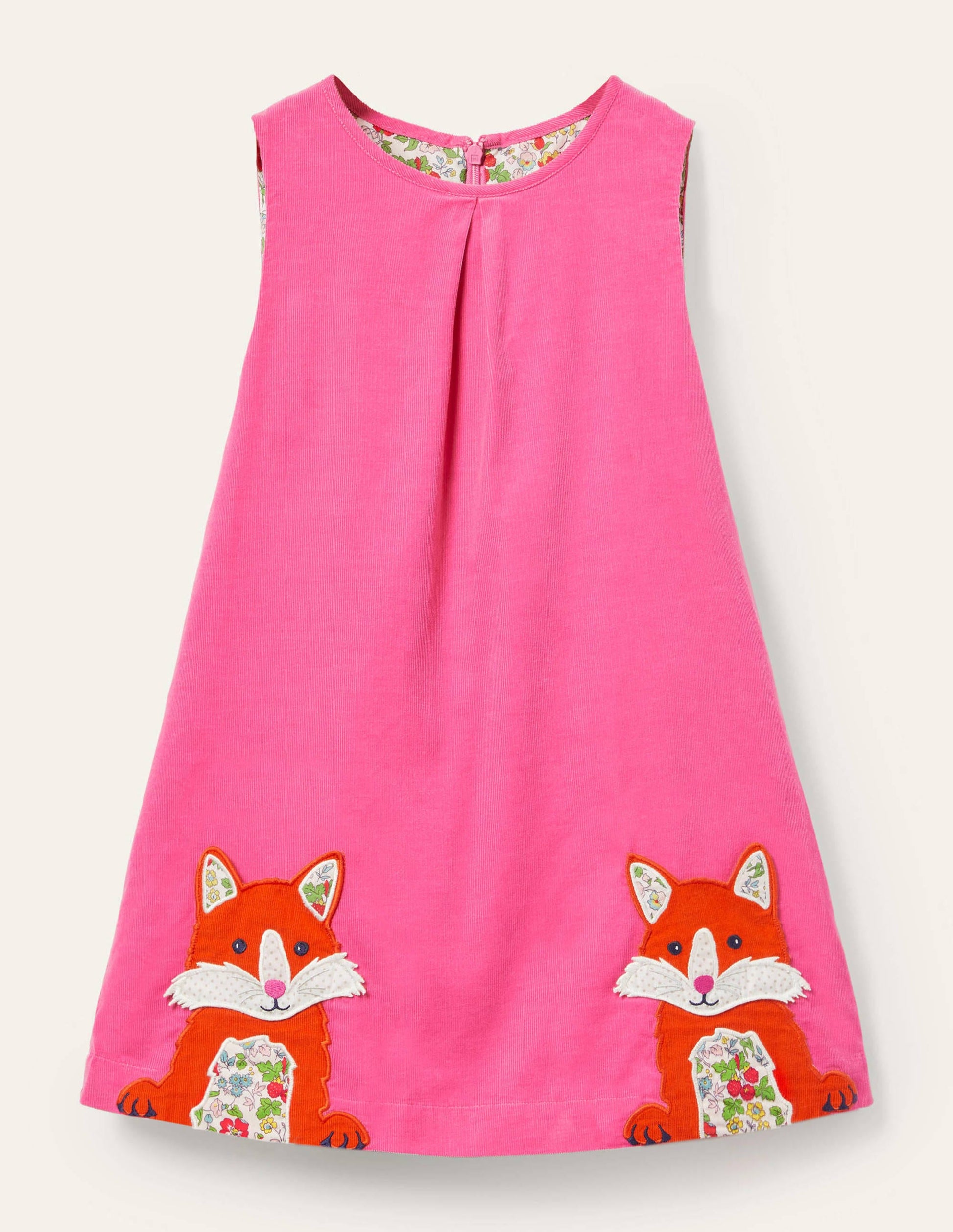 Cord Appliqué Pinafore Dress-Bright Petal Pink Foxes-1