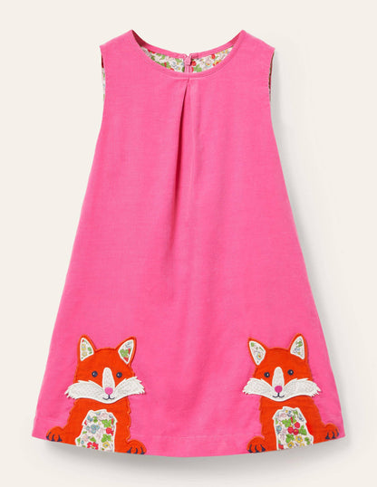 Cord Appliqué Pinafore Dress-Bright Petal Pink Foxes-1