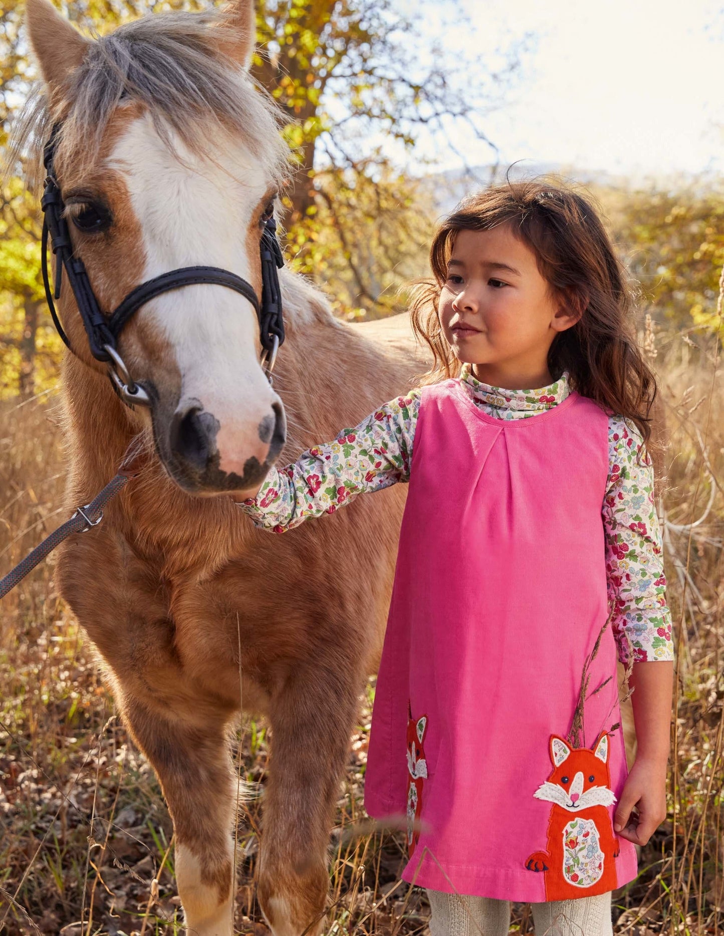 Cord Appliqué Pinafore Dress-Bright Petal Pink Foxes