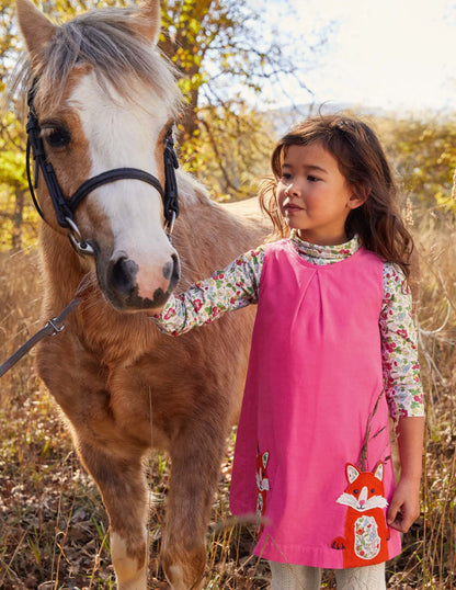 Cord Appliqué Pinafore Dress-Bright Petal Pink Foxes-4