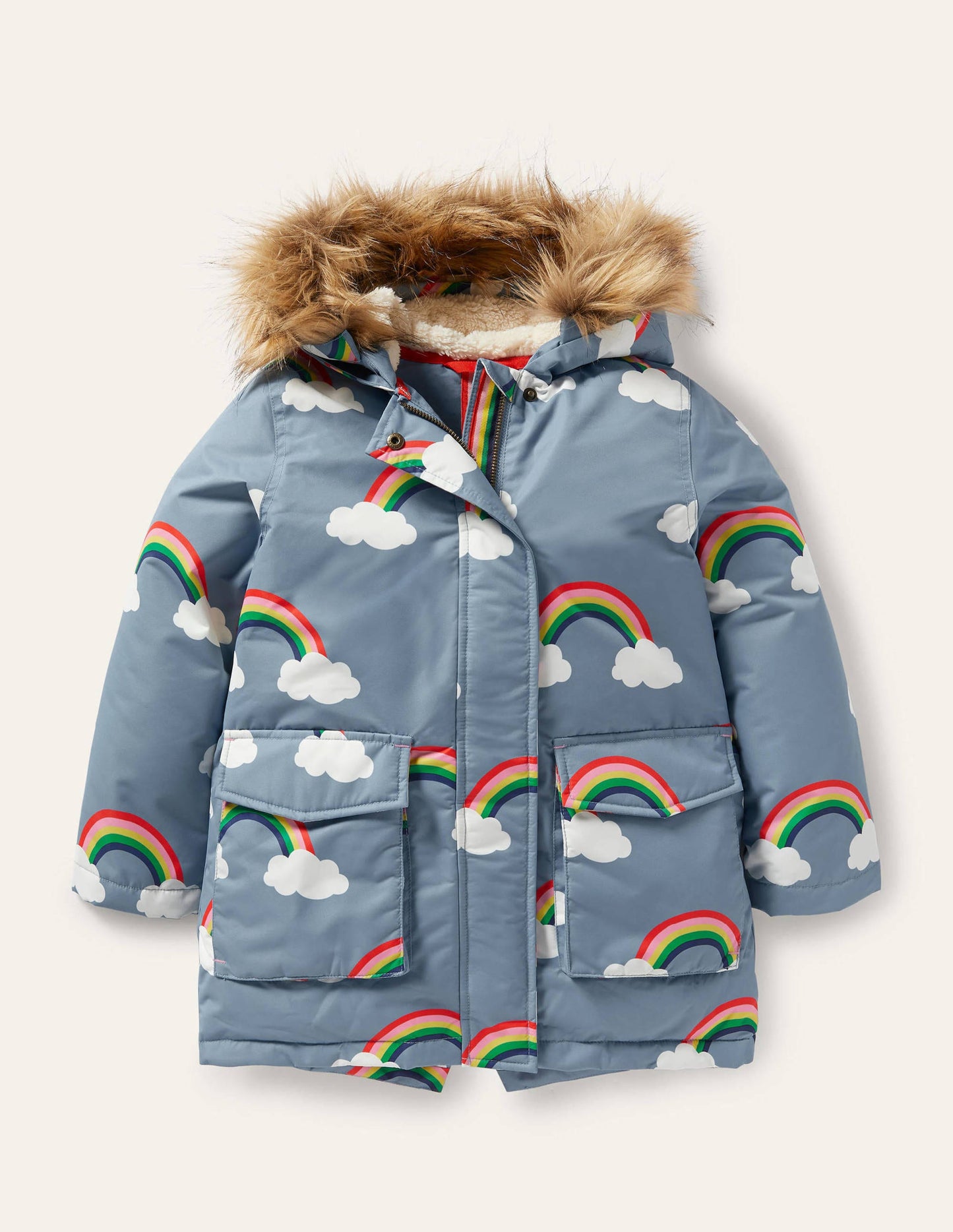 Cosy Waterproof Coat-Wren Blue Rainbow Clouds