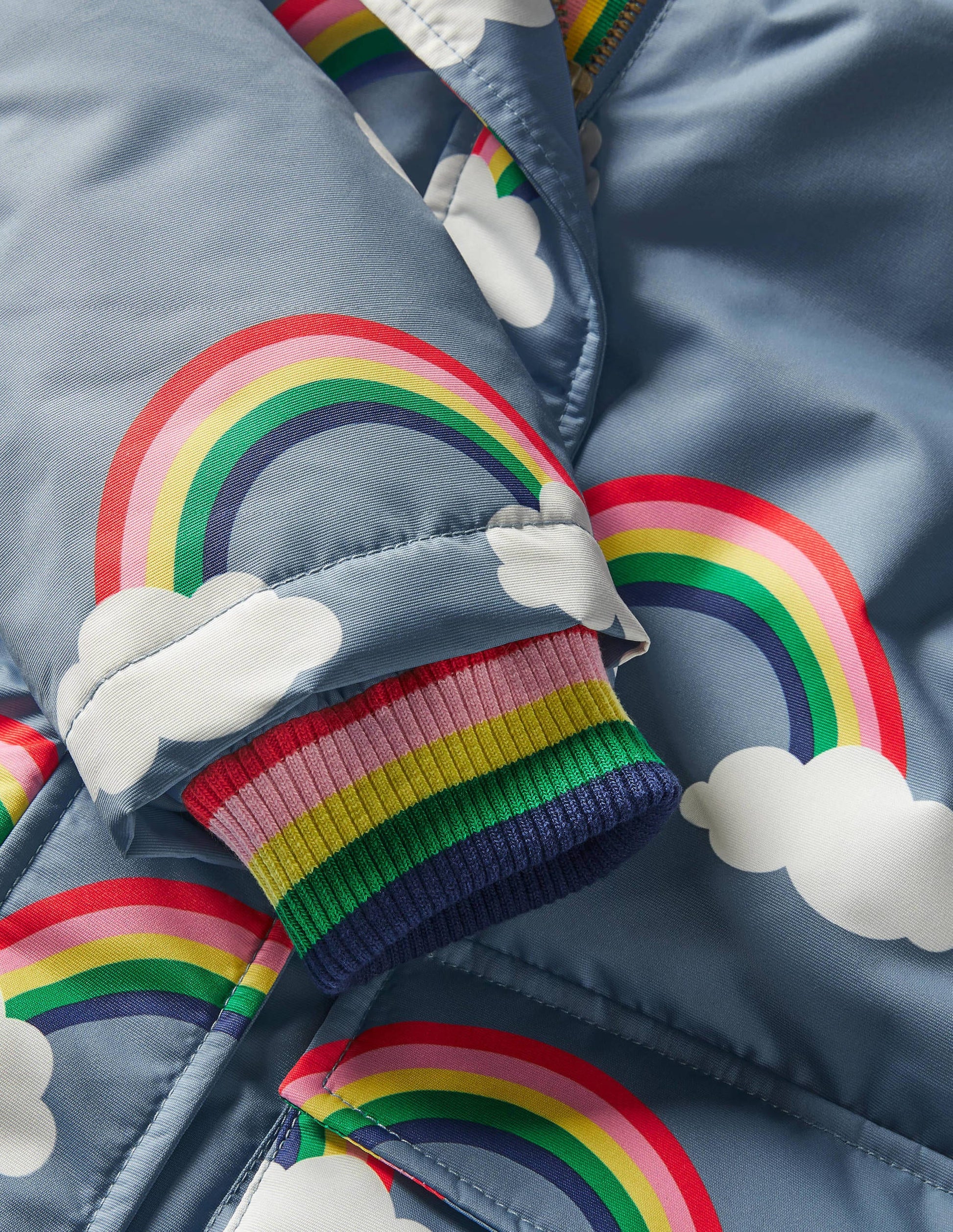 Cosy Waterproof Coat-Wren Blue Rainbow Clouds-3