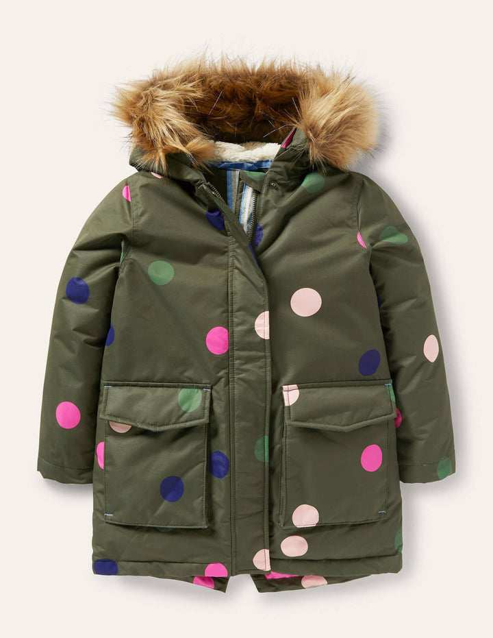 Cosy Waterproof Coat-Khaki Green Multi Spot