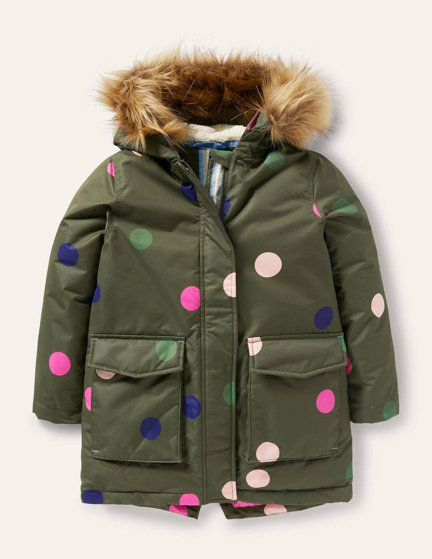 Cosy Waterproof Coat-Khaki Green Multi Spot