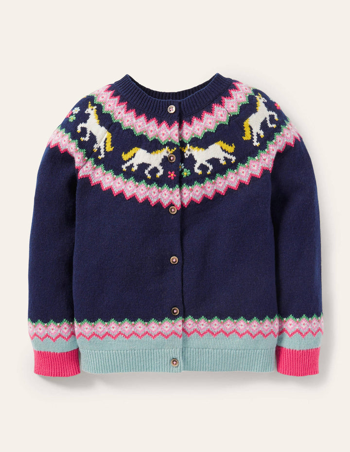 Cosy Fair Isle Cardigan-College Navy Unicorns