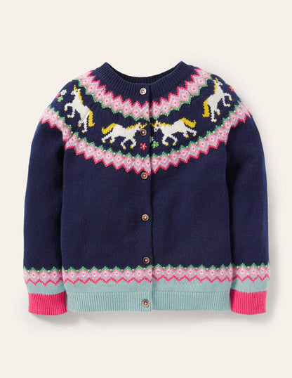 Cosy Fair Isle Cardigan-College Navy Unicorns-1