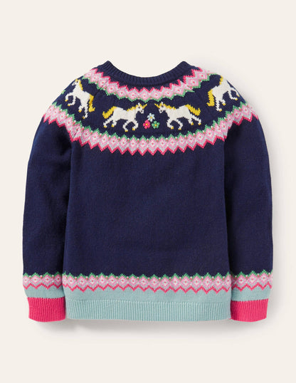 Cosy Fair Isle Cardigan-College Navy Unicorns-2