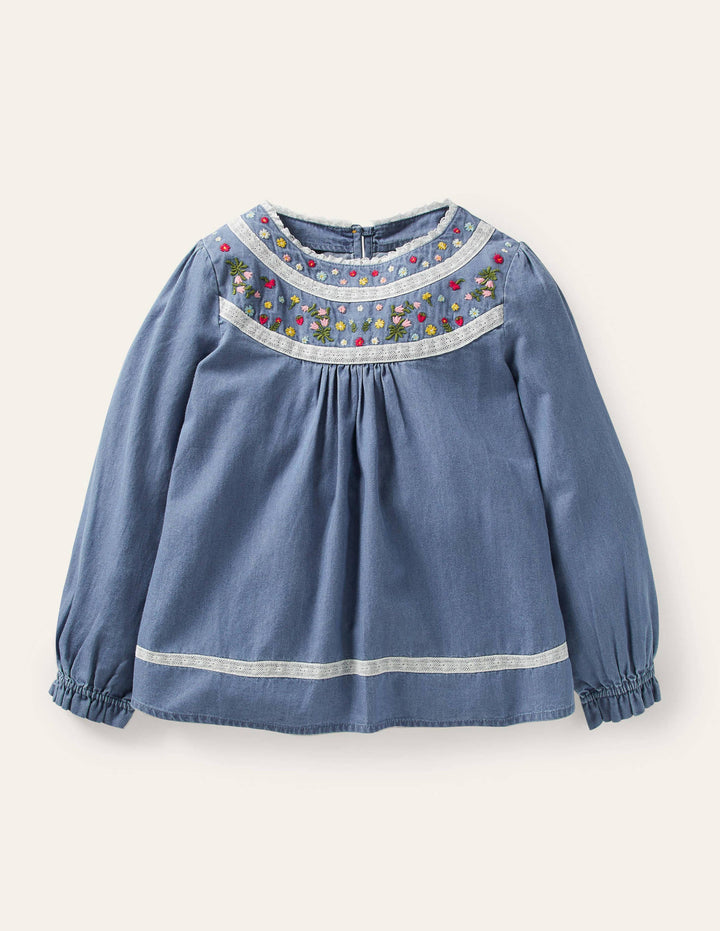 Chambray Embroidered Top-Chambray