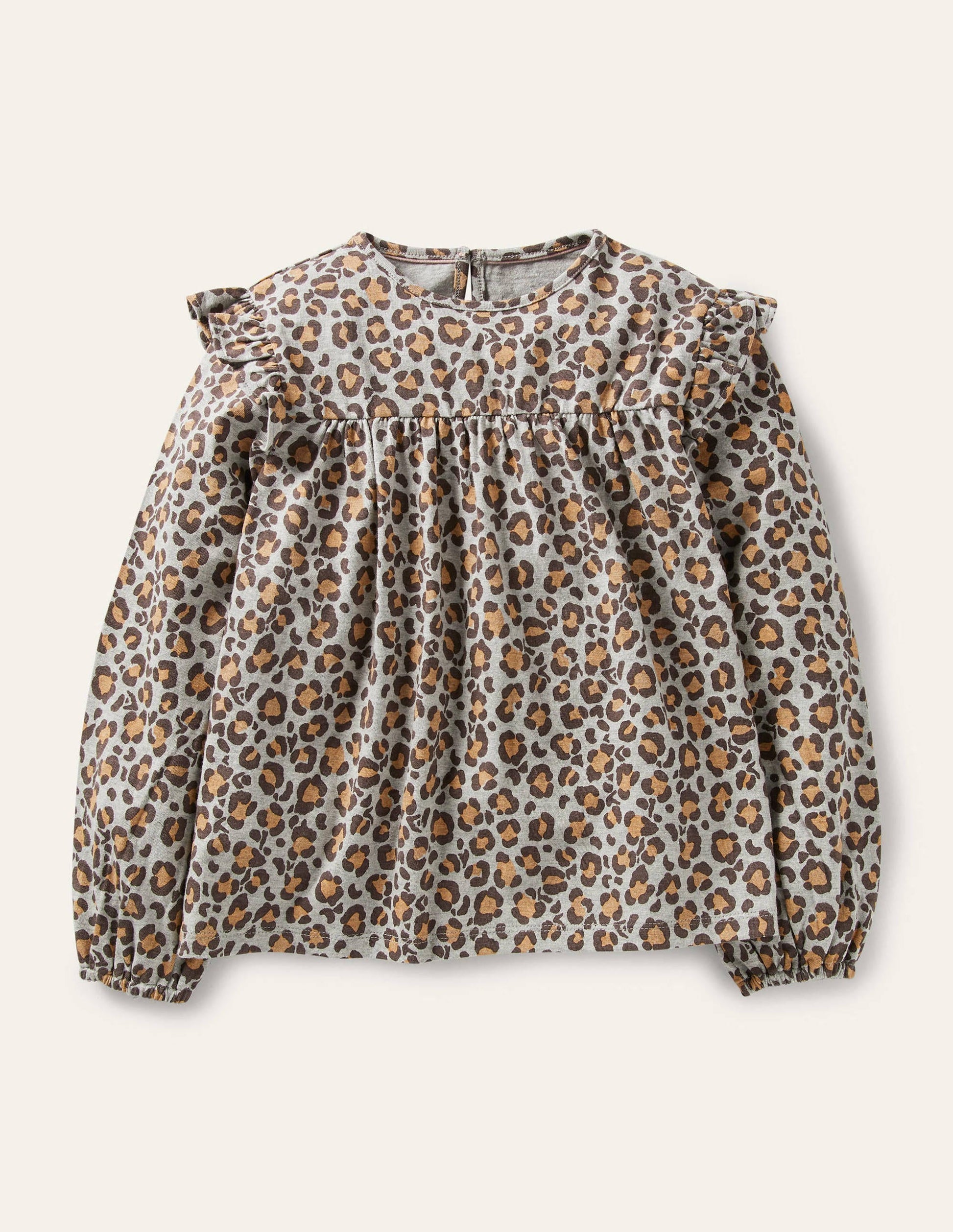Floaty Printed Ruffle Top-Grey Marl Leopard Print-1