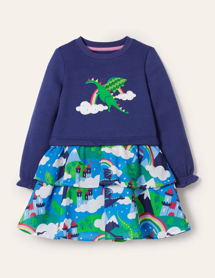 Appliqué Hotchpotch Dress-Multi Dragon Sky