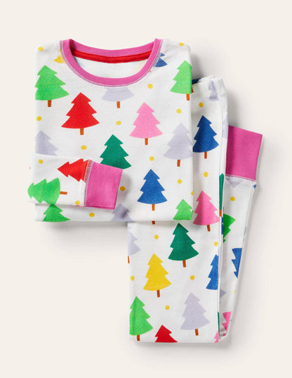Snug Long John Pyjamas-Ivory Rainbow Christmas Trees-1