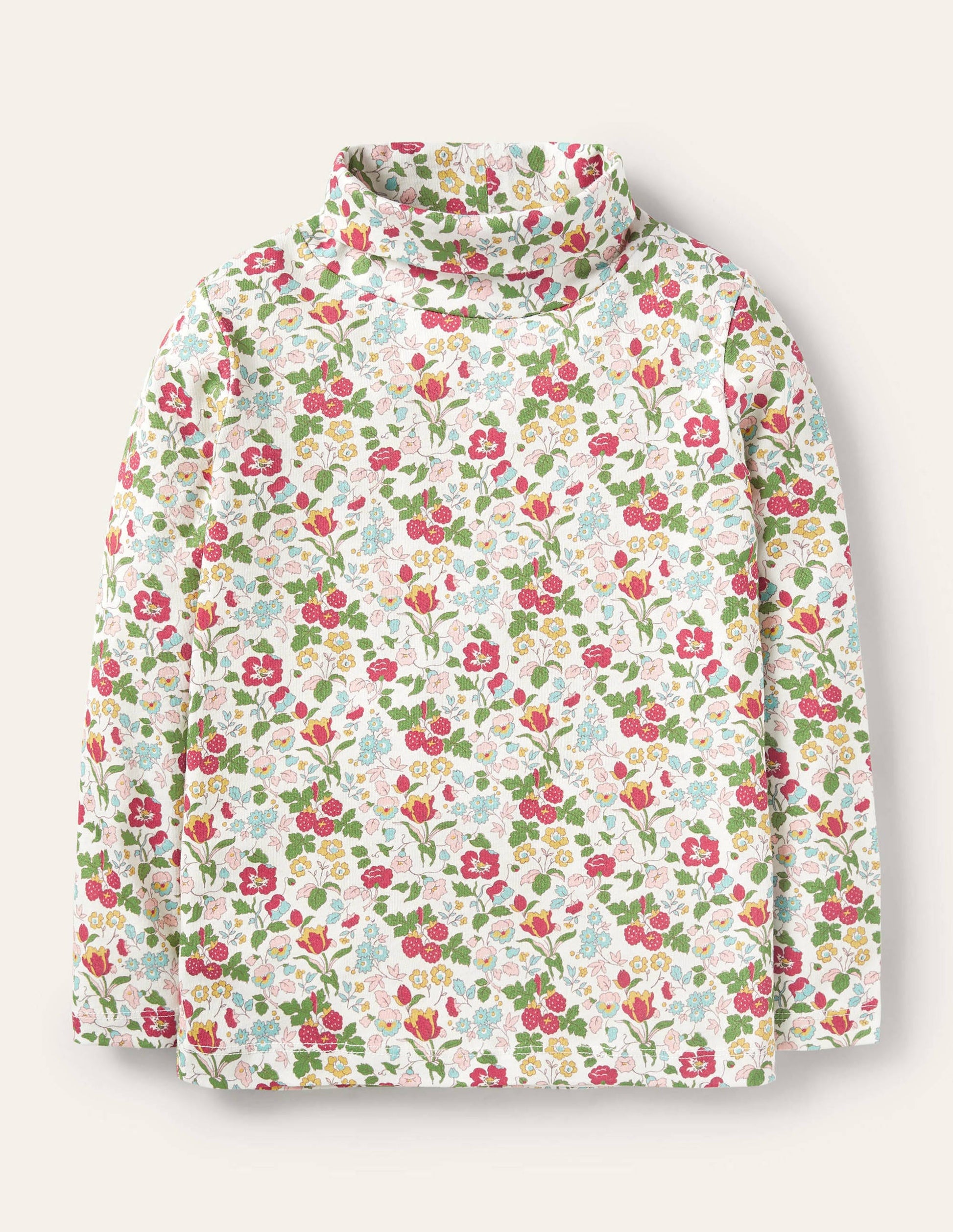 Roll Neck Supersoft T-shirt-Ivory Autumn Berry Floral-1