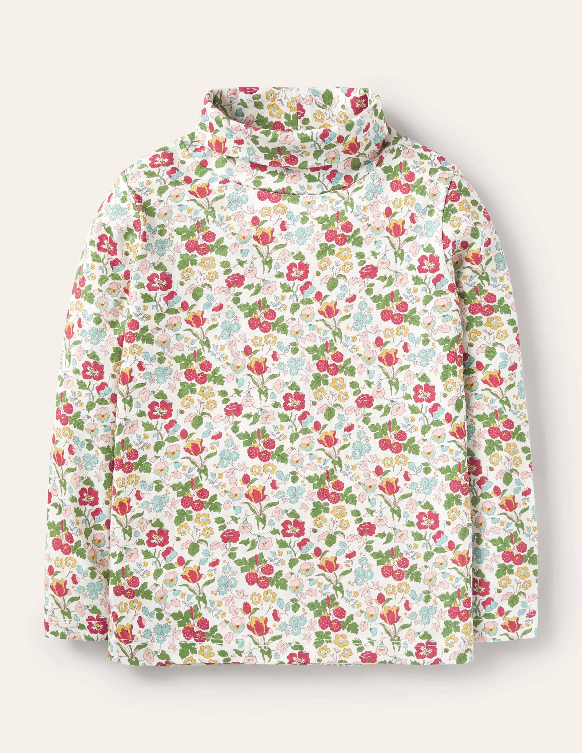 Roll Neck Supersoft T-shirt-Ivory Autumn Berry Floral - Image 1
