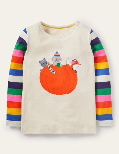 Hotchpotch Animal T-shirt-Multi Stripe/Ivory Pumpkin-1