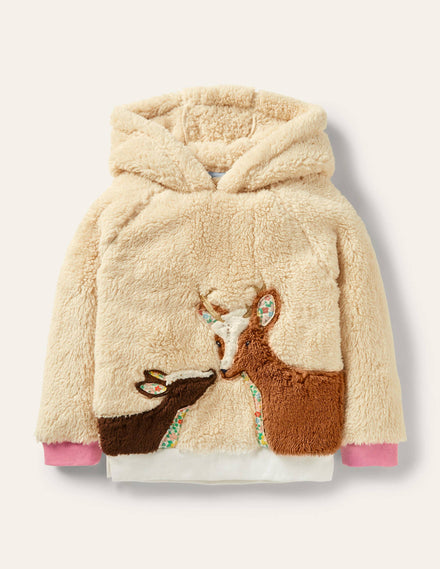 Appliqué Borg Hoodie-Natural Deer