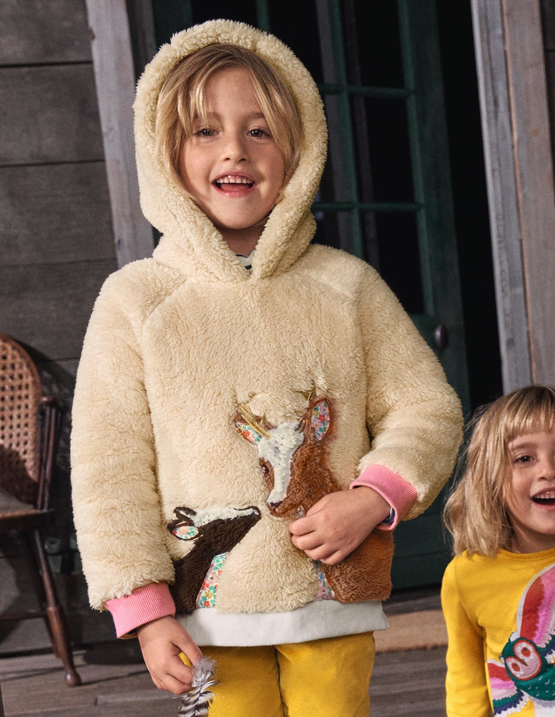 Appliqué Borg Hoodie-Natural Deer-1