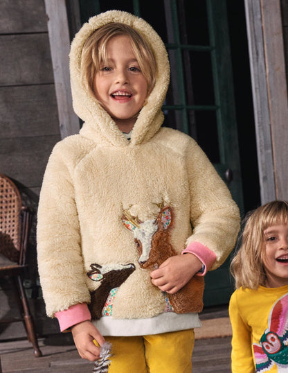 Appliqué Borg Hoodie-Natural Deer-1