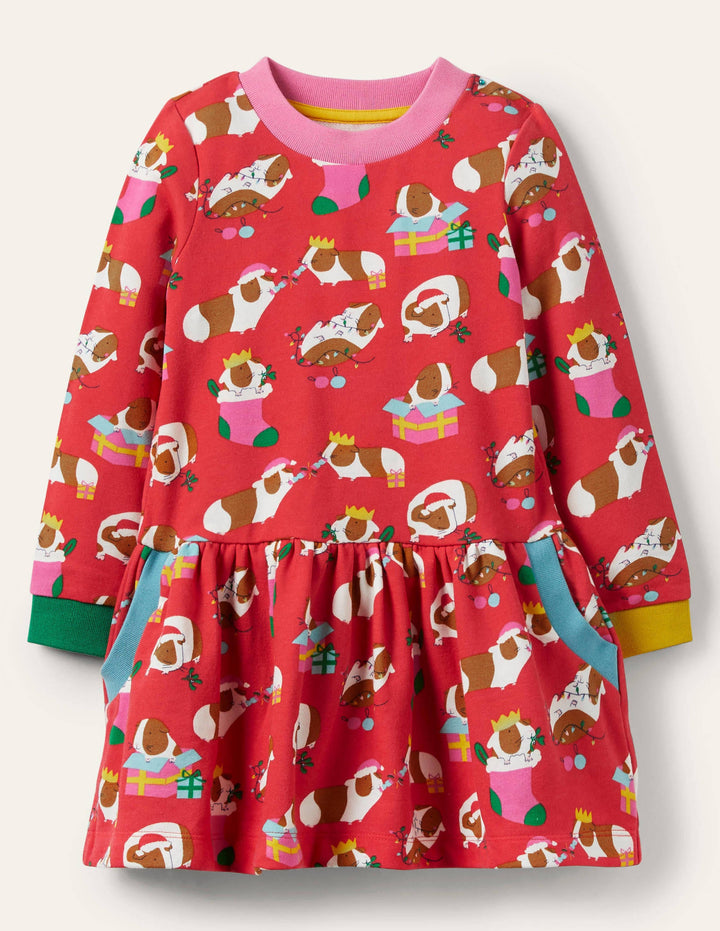 Cosy Printed Sweatshirt Dress-Red Festive Guinea Pigs
