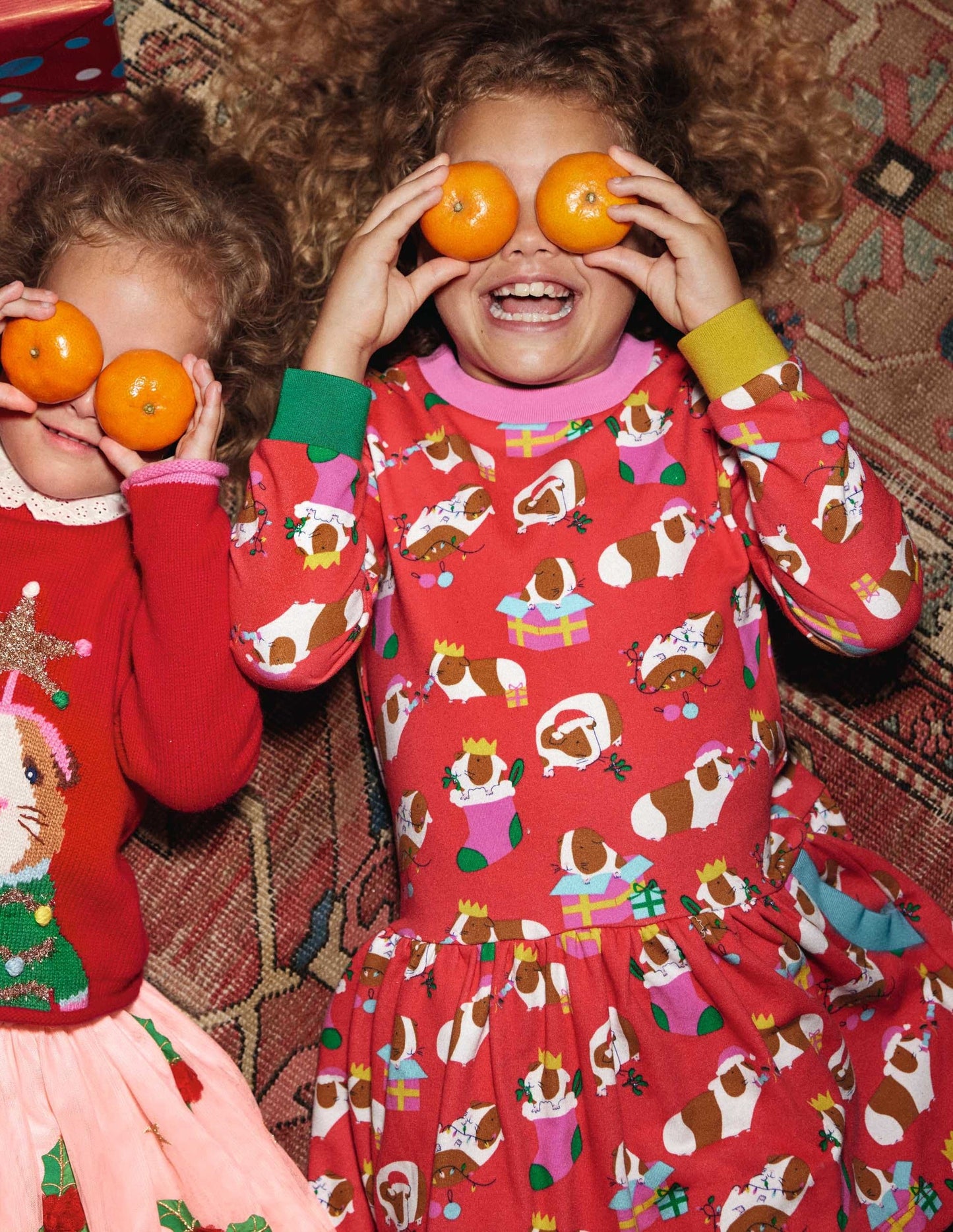 Cosy Printed Sweatshirt Dress-Red Festive Guinea Pigs