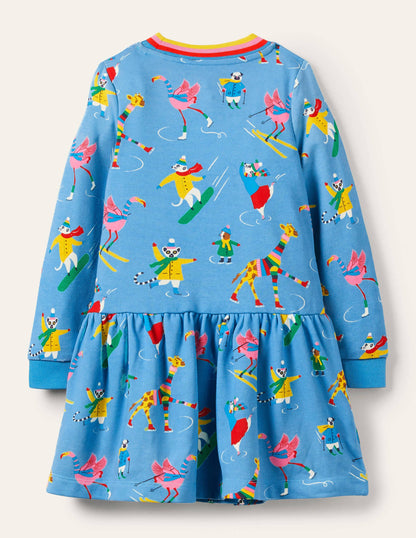 Cosy Printed Sweatshirt Dress-Surfboard Blue Animal Antics-2