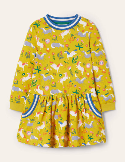 Cosy Printed Sweatshirt Dress-Sweetcorn Yellow Ponies-1