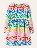 Long Sleeve Fun Jersey Dress-Multi Rainbow Hearts