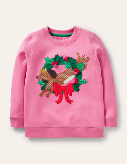 Cosy Appliqué Sweatshirt-Bright Petal Pink Sausage Dog-1