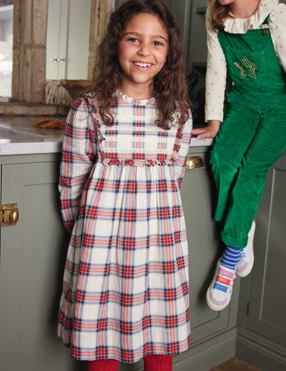 Nostalgic Ruffle Dress-Ivory/ Rockabilly Red Check